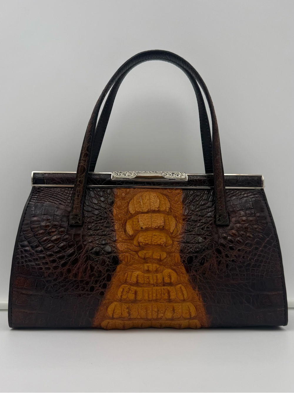 🐊JAPAN • Brown Exotic CROCODILE Frame 30 Top Handle Bag w/ Ornate Silver Trim - Picture 2 of 16